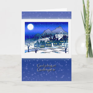 Norwegian Christmas, God Jul, Snowy Village Holiday Card