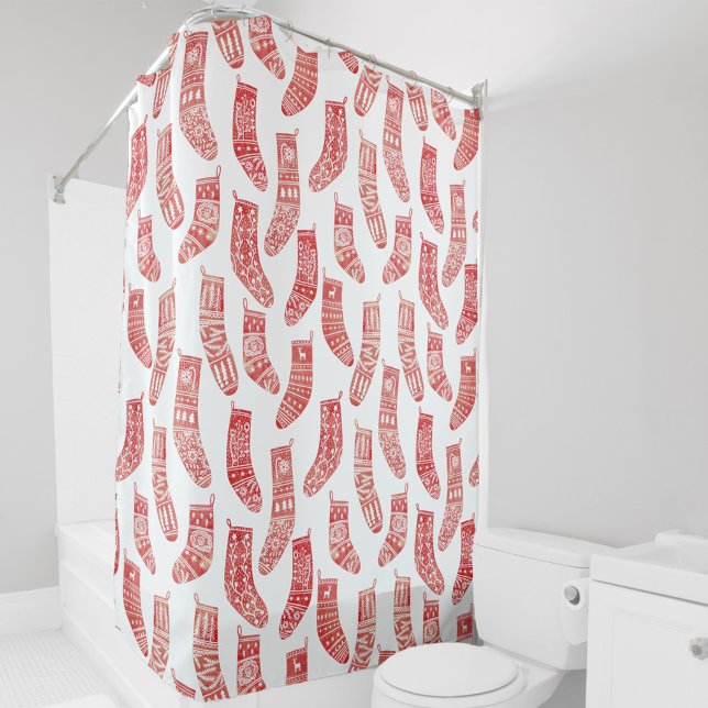 Norwegian Christmas Stockings Pattern Shower Curtain (Red and white Nordic Christmas stockings shower curtain)