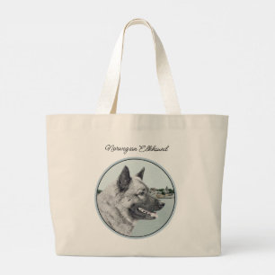 Norwegian Elkhound and Village Painting Dog Art Large Tote Bag