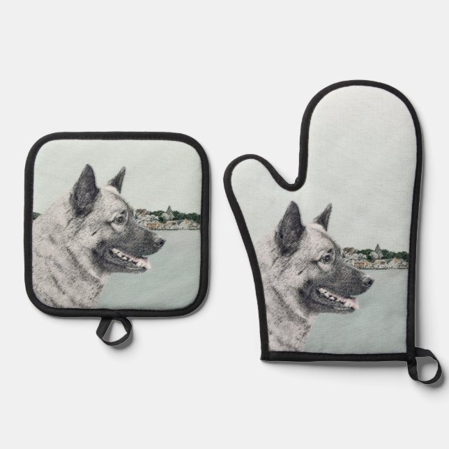 Norwegian Elkhound and Village Painting Dog Art Oven Mitt & Pot Holder Set (Front)