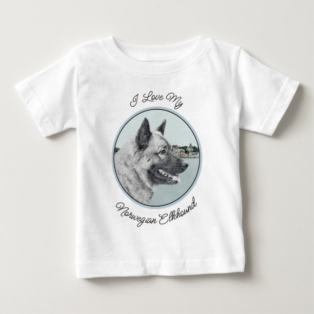 Norwegian Elkhound at Village Painting - Dog Art Baby T-Shirt (Front)
