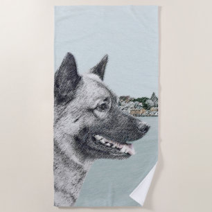 Norwegian Elkhound at Village Painting - Dog Art Beach Towel