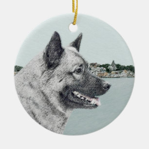Norwegian Elkhound at Village Painting - Dog Art Ceramic Ornament