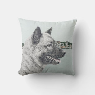 Norwegian Elkhound at Village Painting - Dog Art Cushion