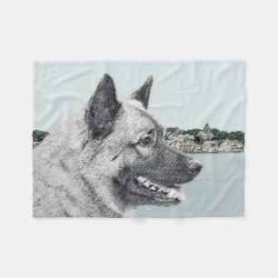 Norwegian Elkhound at Village Painting - Dog Art Fleece Blanket