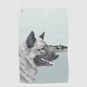 Norwegian Elkhound at Village Painting - Dog Art Golf Towel