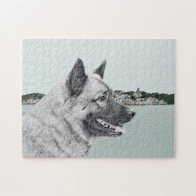 Norwegian Elkhound at Village Painting - Dog Art Jigsaw Puzzle (Horizontal)