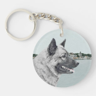Norwegian Elkhound at Village Painting - Dog Art Key Ring