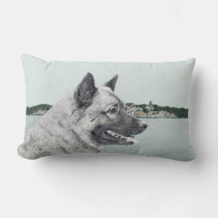 Norwegian Elkhound at Village Painting - Dog Art Lumbar Cushion