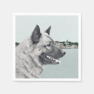 Norwegian Elkhound at Village Painting - Dog Art Napkin