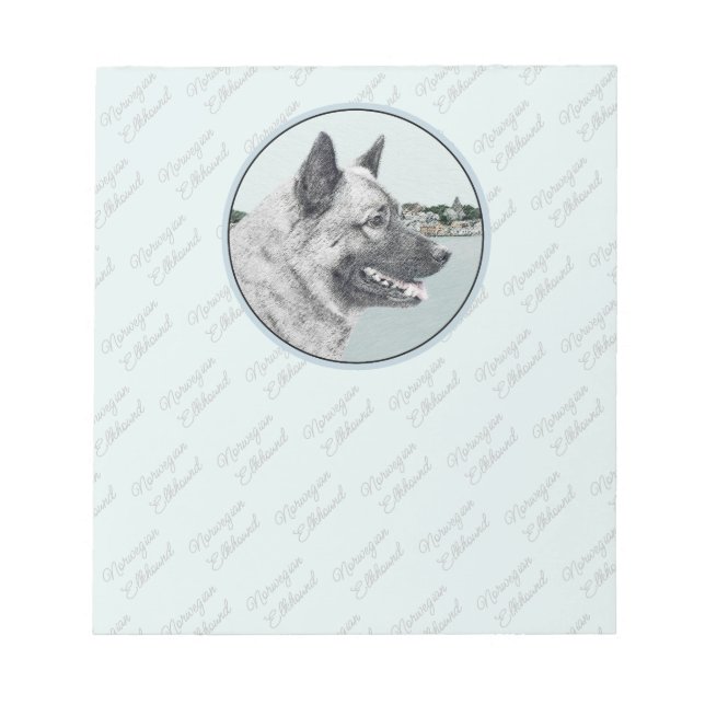 Norwegian Elkhound at Village Painting - Dog Art Notepad (Front)