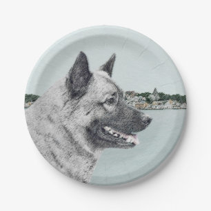 Norwegian Elkhound at Village Painting - Dog Art Paper Plate