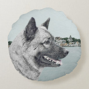 Norwegian Elkhound at Village Painting - Dog Art Round Cushion
