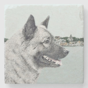 Norwegian Elkhound at Village Painting - Dog Art Stone Coaster