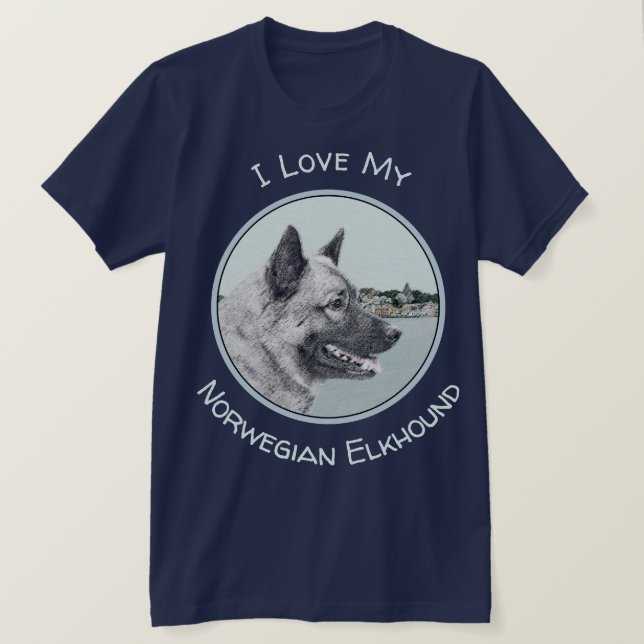 Norwegian Elkhound at Village Painting - Dog Art T-Shirt (Design Front)