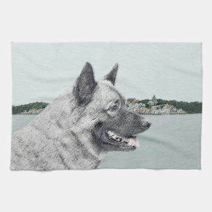 Norwegian Elkhound at Village Painting - Dog Art Tea Towel