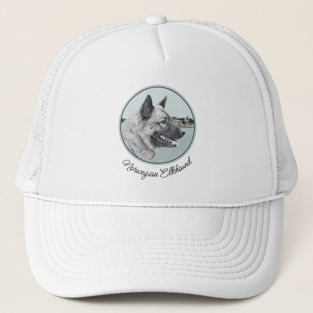 Norwegian Elkhound at Village Painting - Dog Art Trucker Hat (Front)