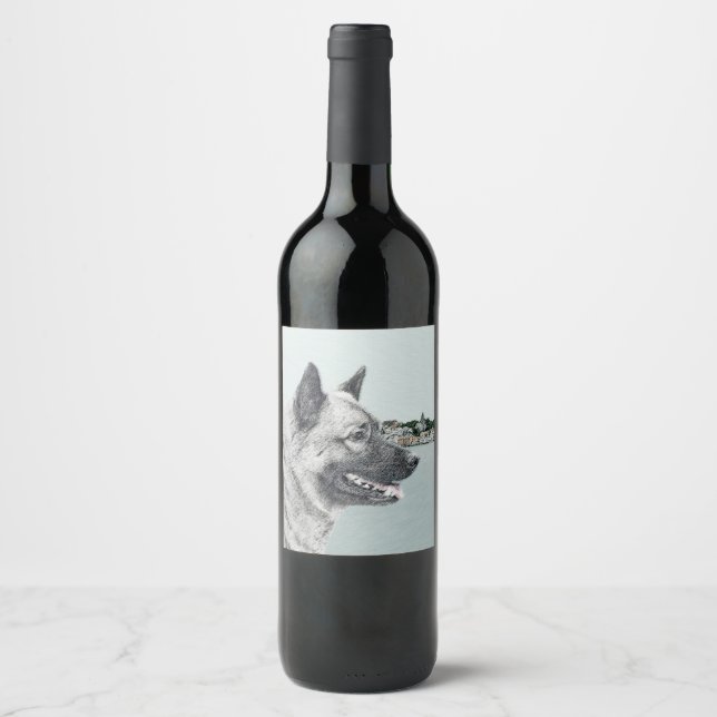 Norwegian Elkhound at Village Painting - Dog Art Wine Label (Front)