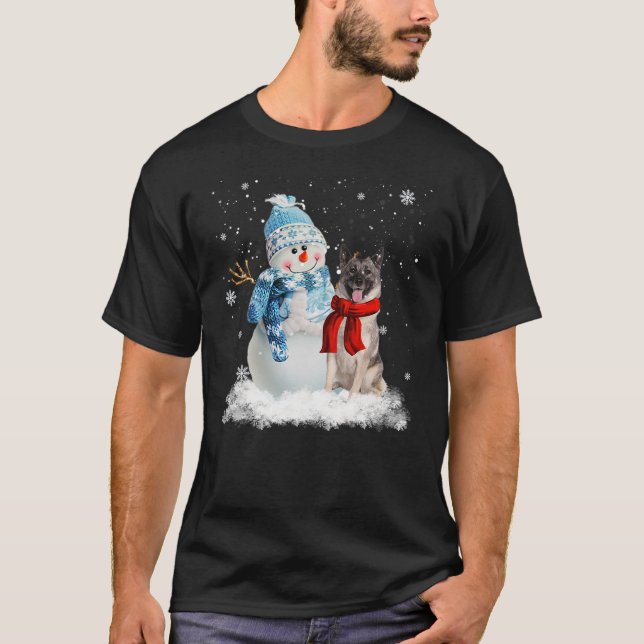 Norwegian Elkhound Dog Christmas Snowman Christmas T-Shirt (Front)