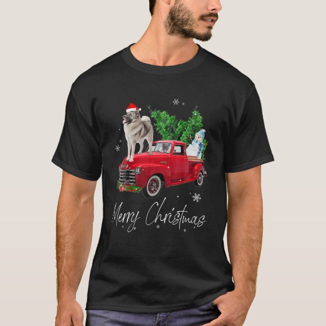 Norwegian Elkhound Dog Riding Red Truck Christmas T-Shirt (Front)