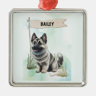 Norwegian Elkhound Watercolor Personalised Dog Metal Ornament