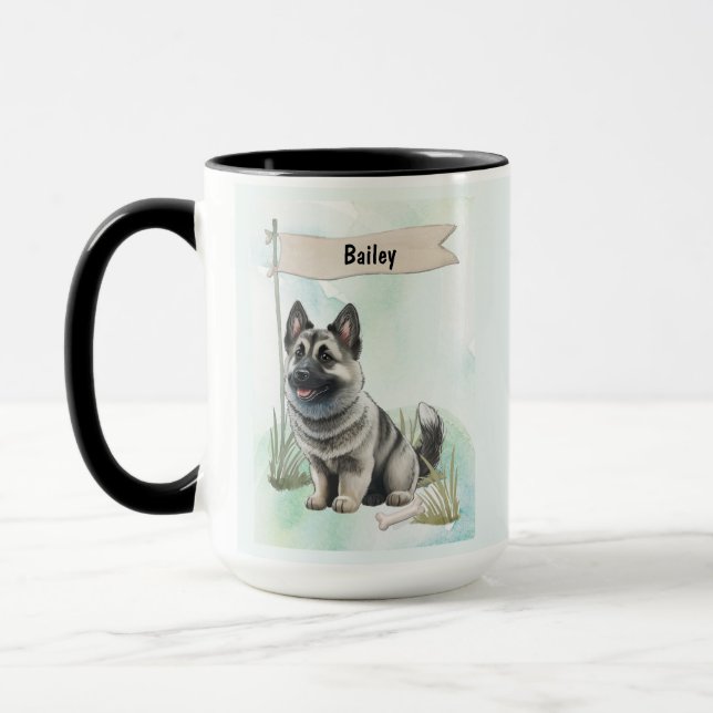 Norwegian Elkhound Watercolor Personalised Dog Mug (Left)