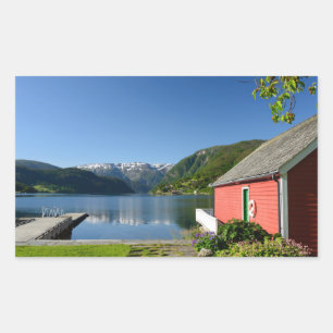 Norwegian fjord and boathouse rectangular sticker