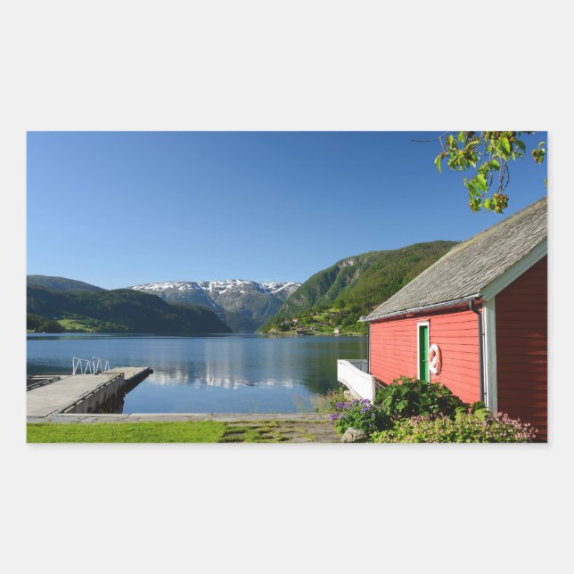 Norwegian fjord and boathouse rectangular sticker (Front)