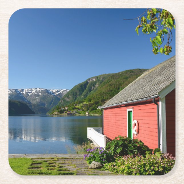 Norwegian fjord view and boathouse coaster (Front)