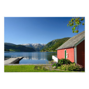 Norwegian fjord view and boathouse photo print