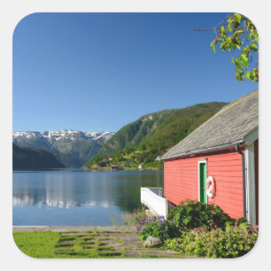 Norwegian fjord view and boathouse sticker
