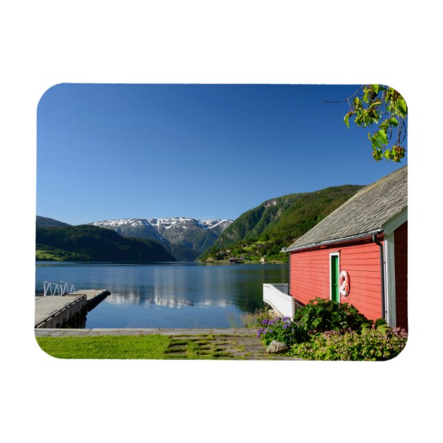 Norwegian fjord view + boathouse rectangle magnet (Horizontal)