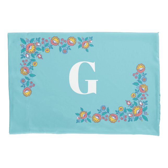 Norwegian Folk Art Flowers | Monogram Pillowcase (Front)
