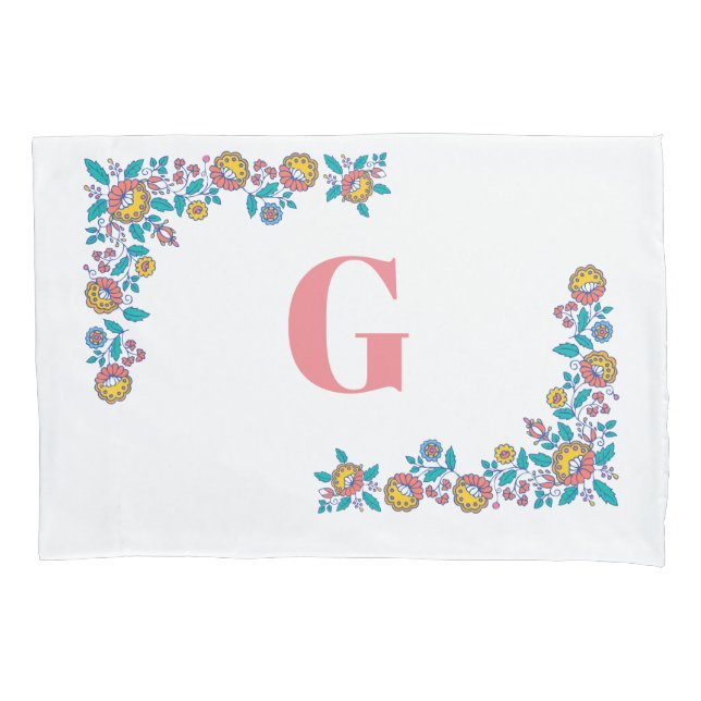 Norwegian Folk Art Flowers | Monogram Pillowcase (Front)