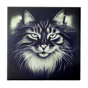 Norwegian Forest Cat in Black and White Ceramic Tile