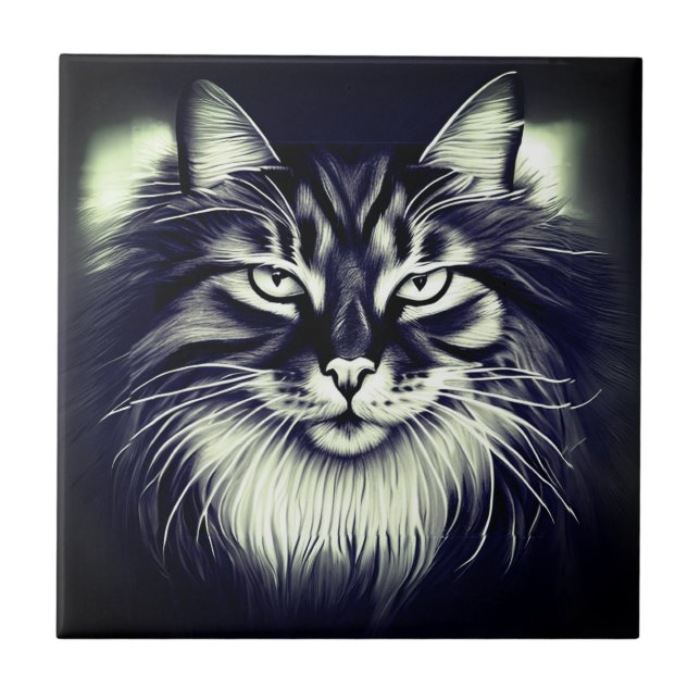 Norwegian Forest Cat in Black and White Ceramic Tile (Front)