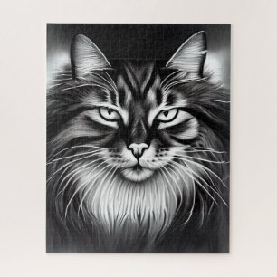 Norwegian Forest Cat in Black and White Jigsaw Puzzle