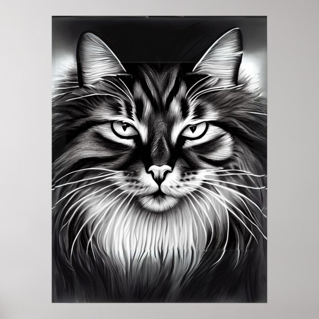 Norwegian Forest Cat in Black and White Poster (Front)