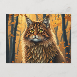 Norwegian Forest Cat in Golden Autumn Forest Postcard