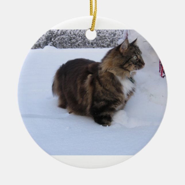 norwegian forest cat in snow ceramic ornament (Front)