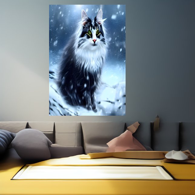 Norwegian forest cat in the snow | AI Art  Poster (Creator Uploaded)