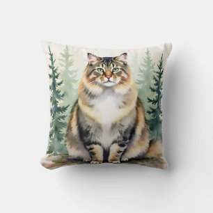 Norwegian Forest Cat Watercolor Woodland Art Cushion