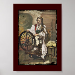 Norwegian Girl a Spinning Wheel Poster