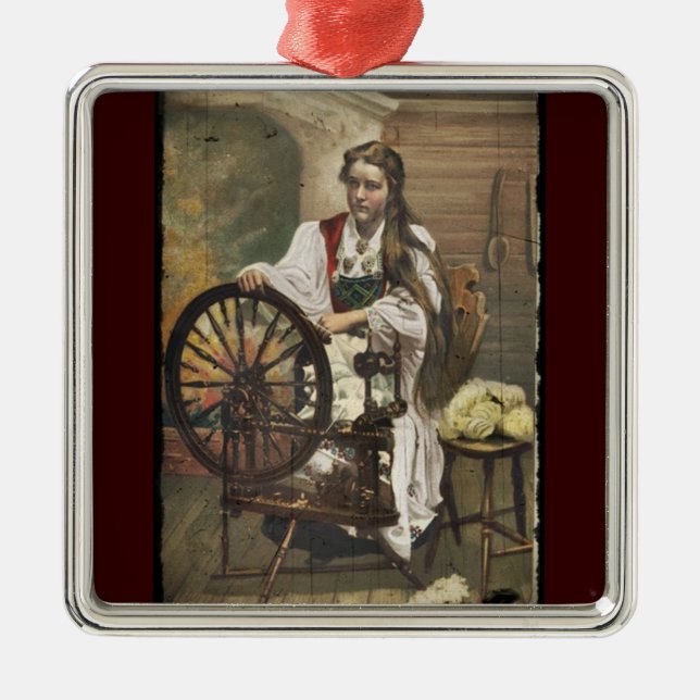 Norwegian Girl at a Spinning Wheel Metal Ornament (Front)
