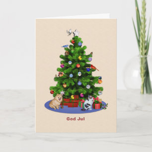 Norwegian, Merry Christmas Tree, Birds, Cat, Dog Holiday Card