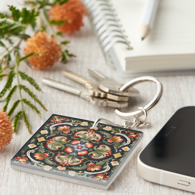 Norwegian Rosemaling Decorative Key Ring (Front Right)