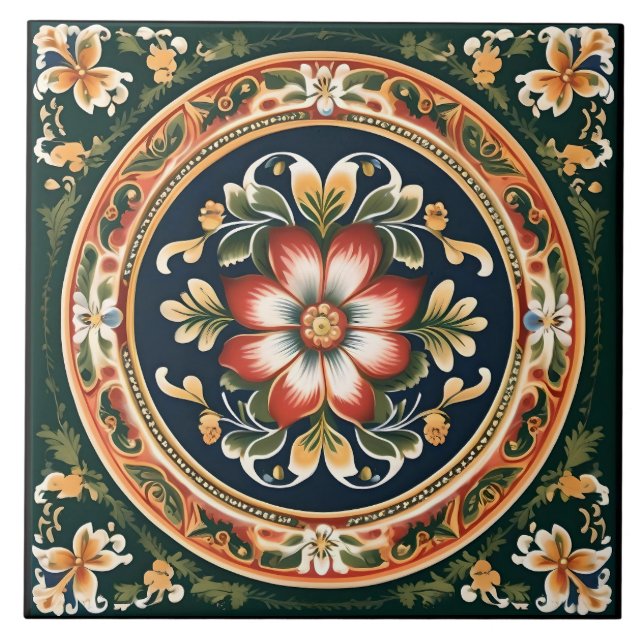 Norwegian Rosemaling Decorative Tile 1 (Front)