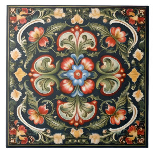 Norwegian Rosemaling Decorative Tile 2