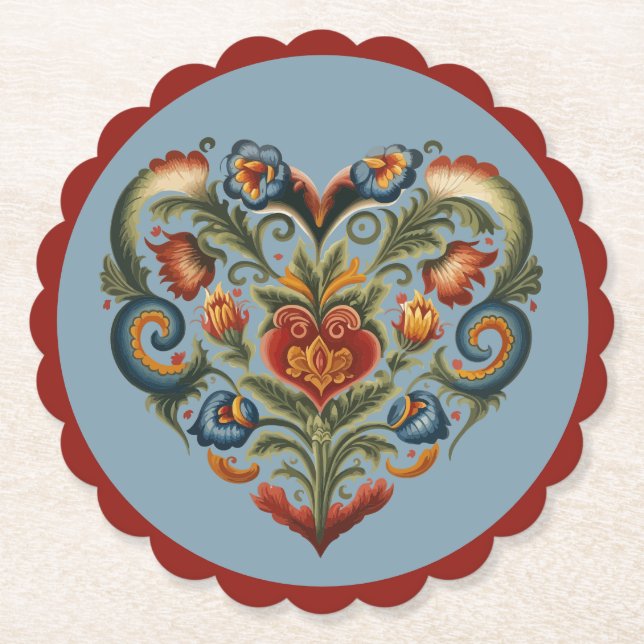Norwegian Rosemaling Folk Art Heart  Paper Coaster (Front)