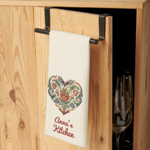 Norwegian Rosemaling Folk Art Heart Personalized  Tea Towel